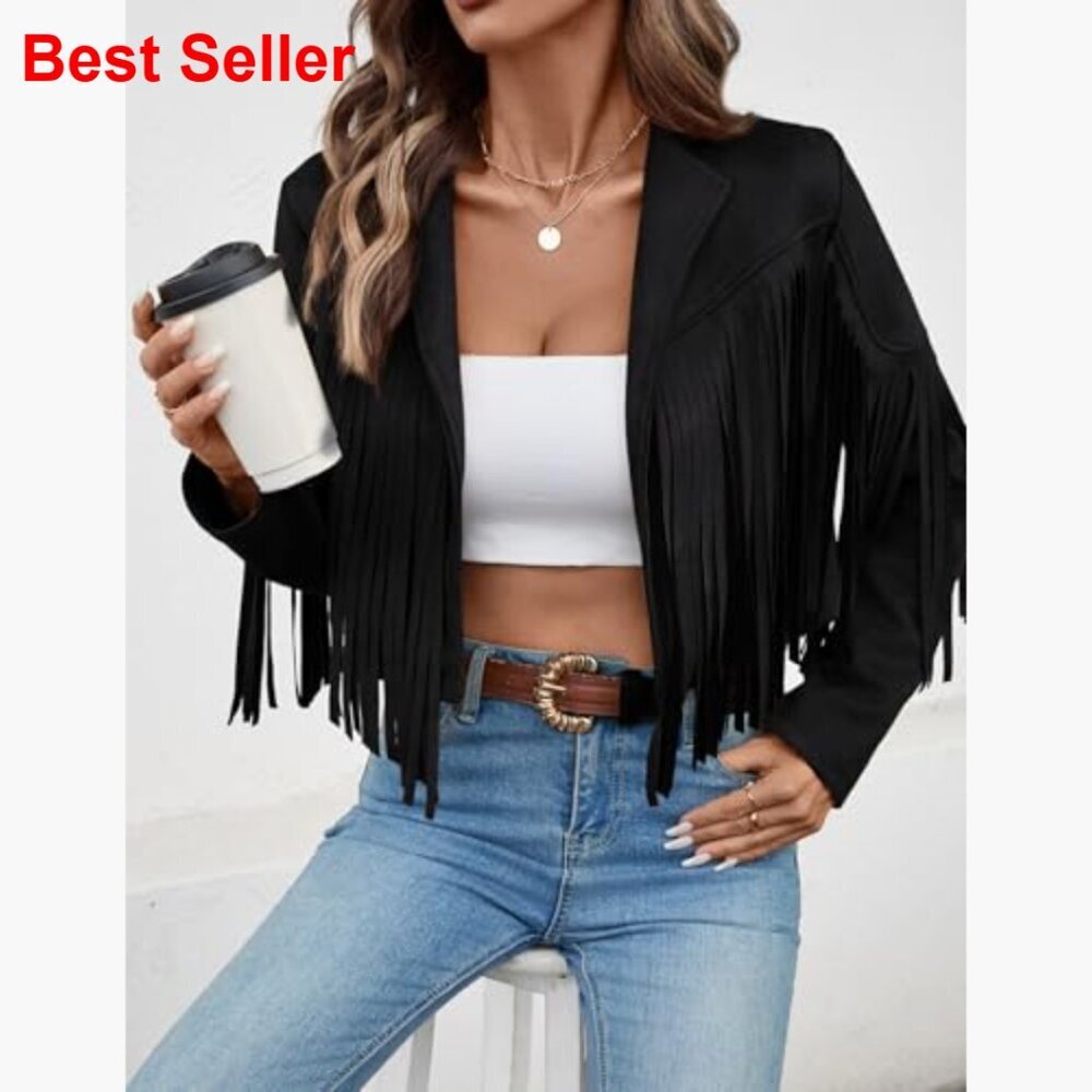 Faux Suede Leather Cropped Jacket with Fringe Tassel Sleeves and Lining - Picture 4 of 7